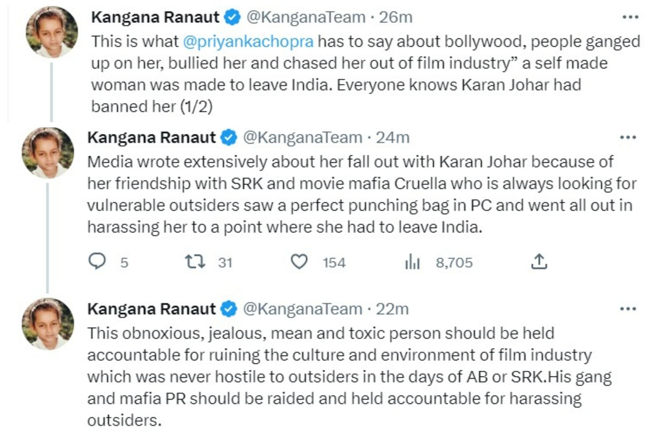 Kangana Ranaut has come out in support of Priyanka Chopra on Twitter. 