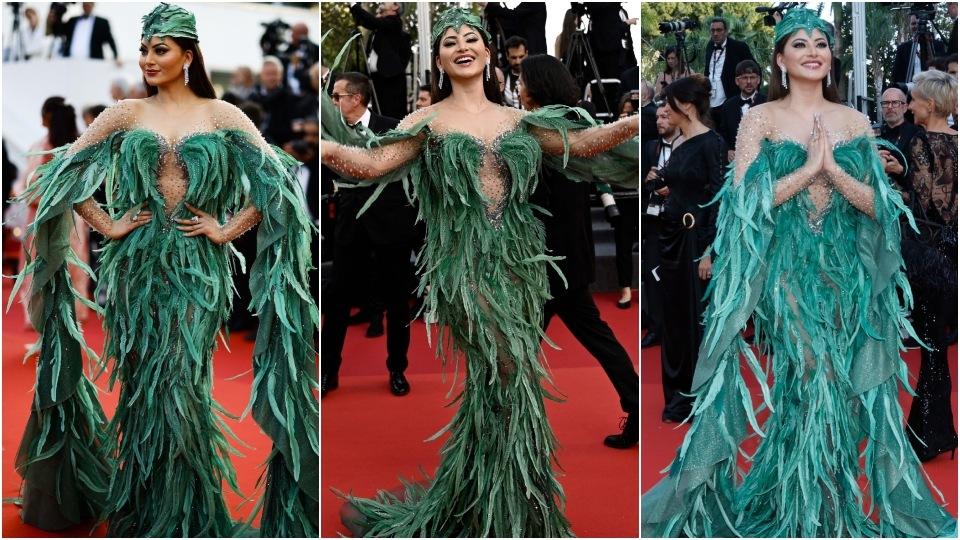Urvashi Rautela wears a feather dress for her latest Cannes appearance. 
